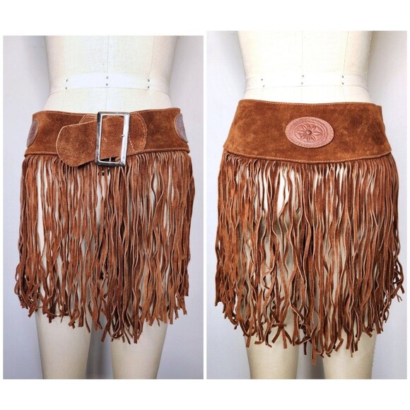 Fringed Leather Mini Skirt Festival Gypsy Tribal Warrior Gladiator Medieval S/M - Picture 1 of 10
